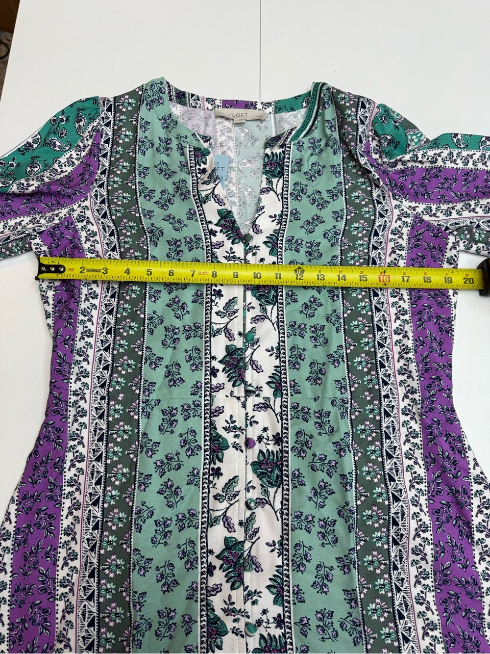 LOFT purple and green vertical-striped floral boho tunic dress size 12P - Picture 5 of 9